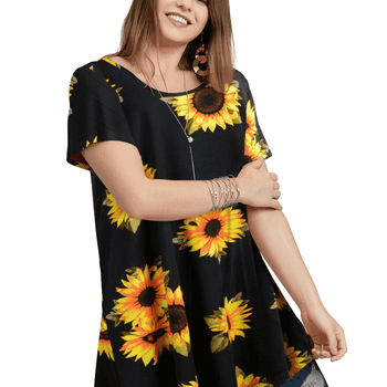 LARACE Plus Size Blouse for Women Short Sleeve Casual Shirt Tunic Tops Down Neck T-Shirt Loose Shirt A-SunFlower27_1X