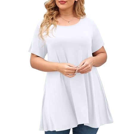 VEPKUL Plus Size Blouse for Women Short Sleeve Casual Shirt Tunic Tops Down Neck T-Shirt Loose Shirt White 2X