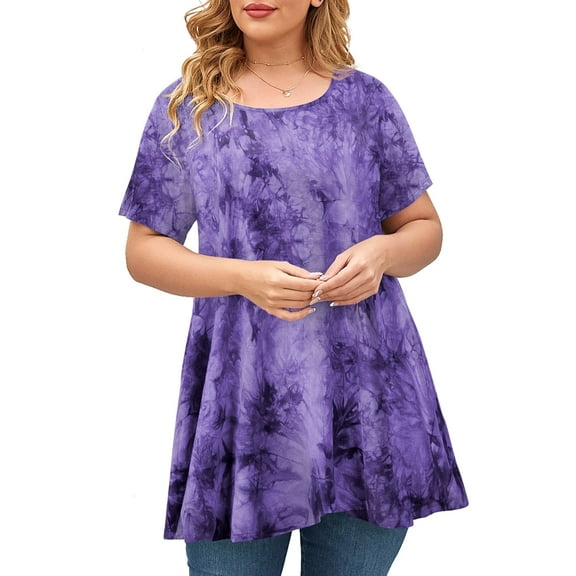 VEPKUL Plus Size Blouse for Women Short Sleeve Casual Shirt Tunic Tops Down Neck T-Shirt Loose Shirt B-purple 1X