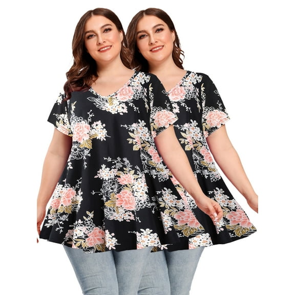 LARACE Plus Size Blouse for Women Short Sleeve Casual Shirt Tunic Tops T-Shirt Loose Shirt A-Black05_3X