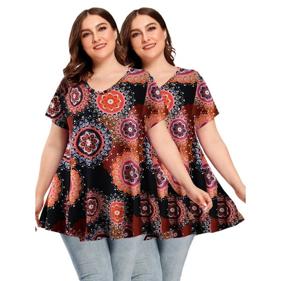 LARACE Plus Size Blouse for Women Short Sleeve Casual Shirt Tunic Tops T-Shirt Loose Shirt A-Black19_1X