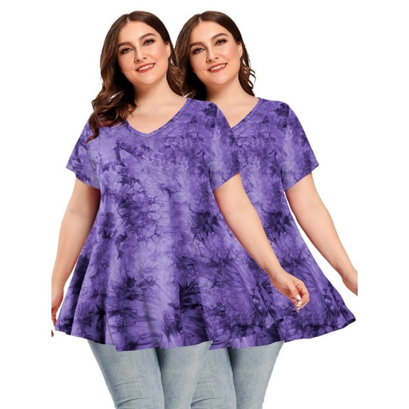 LARACE Plus Size Blouse for Women Short Sleeve Casual Shirt Tunic Tops T-Shirt Loose Shirt B-Purple_2X