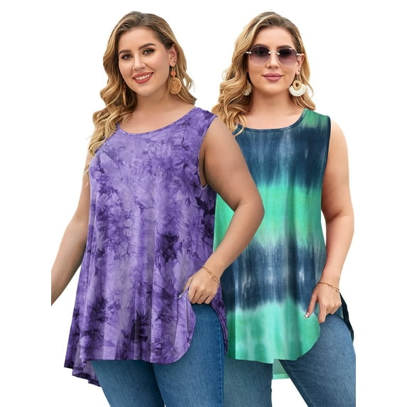 LARACE Plus Size Tank Tops for Women Sleevelss Tunic Casual Summer Clothes Swing Shirts B-Purple+T05-Navy_2X