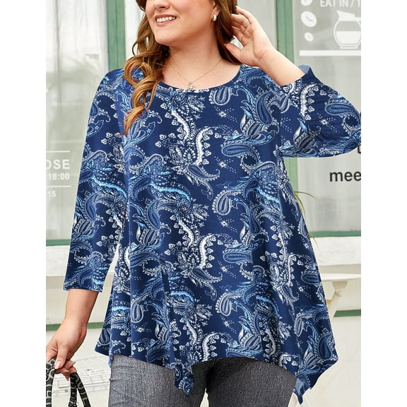 LARACE Plus Size Tops For Women 3/4 Sleeve Comfy Tunic For Leggings Loose Casual T-Shirt A-Navy12 4X