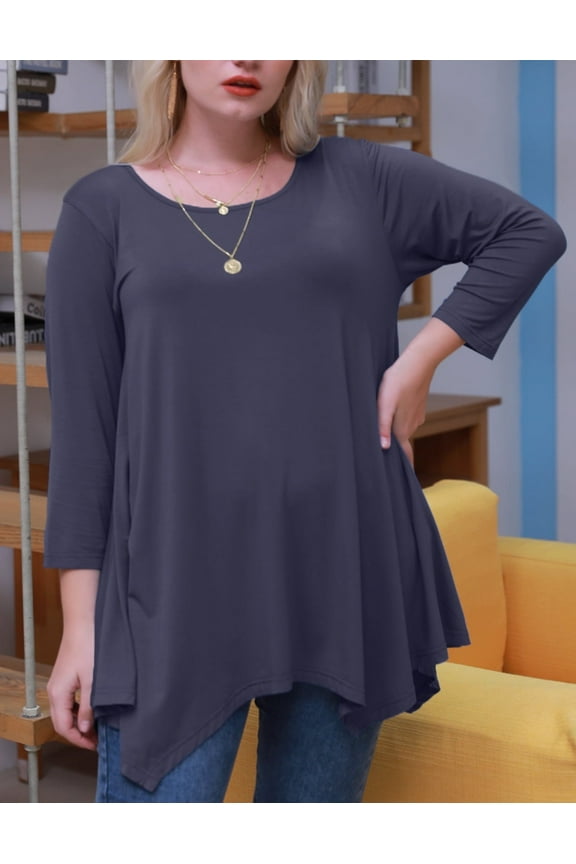 Plus Size Tops For Women 3/4 Sleeve Comfy Tunic For Leggings Loose Casual T-Shirt GrayishPurple 4X