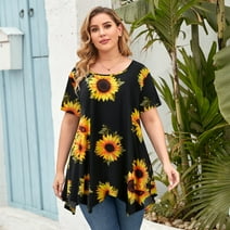 LARACE Plus Size Tunic Tops for Women High Loose Pullover Short Sleeve T-shirt Ladies Plus Size Round Neck Blouse SunFlower 4X