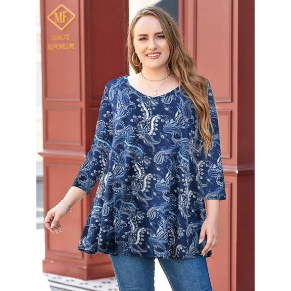 LARACE Plus Size Tunic for Women 3/4 Sleeve Crewneck Tops Flowy Blouse Loose Fit Babydoll Maternity Shirts Navy12 2X