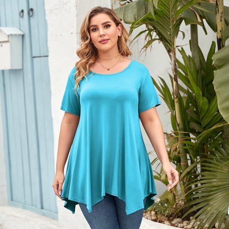 VEPKUL Plus Size Tunics Tops for Womens Crewneck Short Sleeve Blouse T Shirts LakeBlue 1X