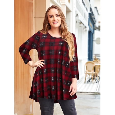 LARACE Plus Size Women's Tunic 3/4 Sleeve Clothes Swing Babydoll Top Side Split Crewneck Blouse Flowy Shirts WineRed 2X