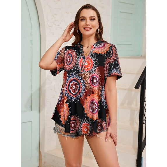 LARACE Plus Size Womens Tunic Tops To Wear With Leggings Summer Short Sleeve Flower24_4X