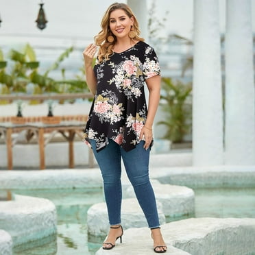 LARACE Short Sleeve T-Shirts for Women Plus size Tops V-Neck Tunic Tops for Leggings A-Black05_1X