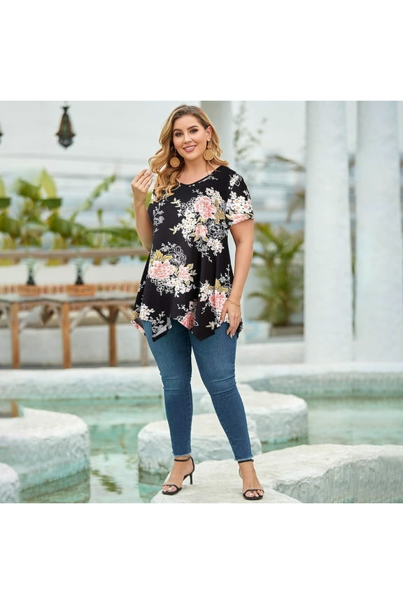 Short Sleeve T-Shirts for Women Plus size Tops V-Neck Tunic Tops for Leggings A-Black05_4X