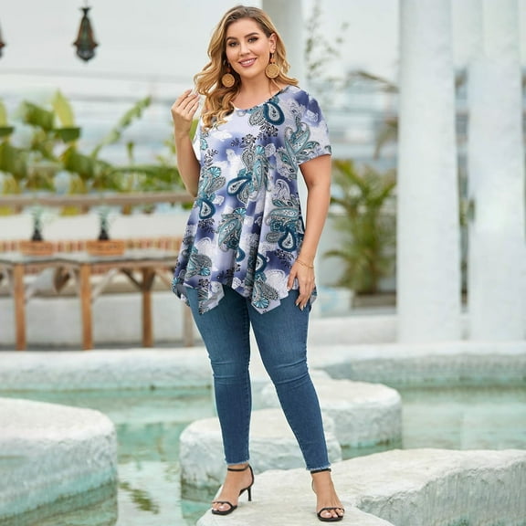 LARACE Short Sleeve T-Shirts for Women Plus size Tops V-Neck Tunic Tops for Leggings A-Green03_2X