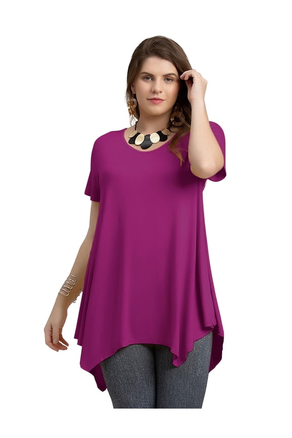 Short Sleeve T-Shirts for Women Plus size Tops V-Neck Tunic Tops for Leggings Fushia_3X