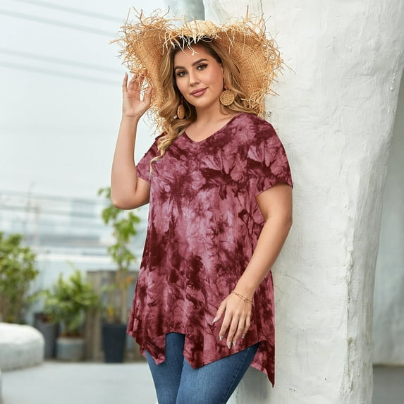 LARACE Short Sleeve T-Shirts for Women Plus size Tops V-Neck Tunic Tops for Leggings T11-WineRed_1X