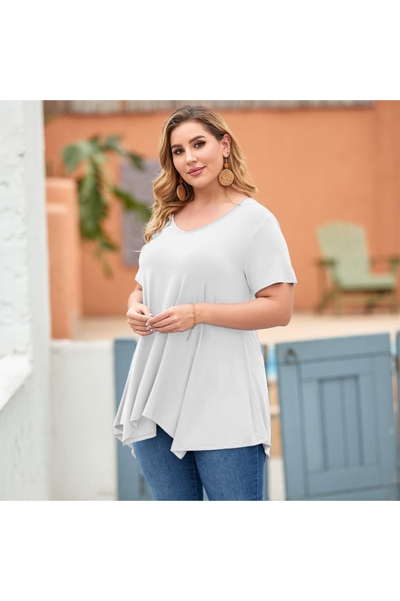Short Sleeve T-Shirts for Women Plus size Tops V-Neck Tunic Tops for Leggings White 2X