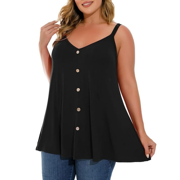 LARACE Spaghetti Strap Tank Tops for Womens V Neck T Shirts Plus Size Sleeveless Tunic Buttons Summer Camisole Black 2X