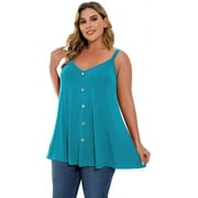 LARACE Spaghetti Strap Tank Tops for Womens V Neck T Shirts Plus Size Sleeveless Tunic Buttons Summer Camisole Lakeblue 4X