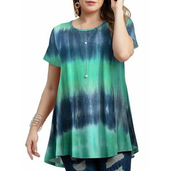 LARACE Tunic Tops for Women Summer Short Sleeve Plus Size Round Neck Blouse Tee T05-Navy_4X