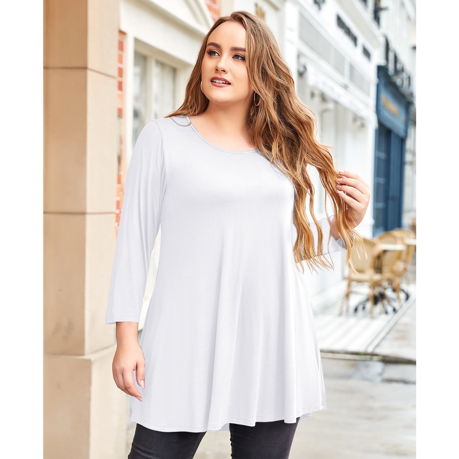 LARACE Women Plus Size Tunic Tops Long Sleeve V Neck Blouse Loose Swing Basic Flowy T Shirt for Leggings White 4X