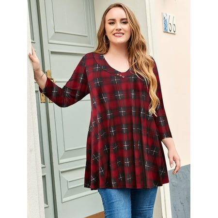 LARACE Women's 3/4 Sleeve Button V Neck High Low Loose Fit Casual Long Tunic Tops Tee Shirts WineRed 1X