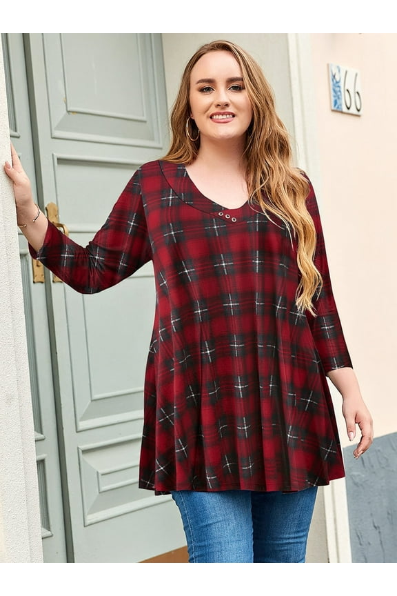 Women's 3/4 Sleeve Button V Neck High Low Loose Fit Casual Long Tunic Tops Tee Shirts WineRed 1X