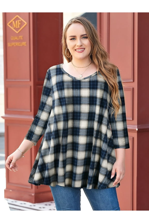 Women's 3/4 Sleeve Tees for Women Round Neck Crochet Flowy Casual Shirts Blouses Tops Khaki 1X