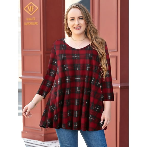 LARACE Women's 3/4 Sleeve Tees for Women Round Neck Crochet Flowy Casual Shirts Blouses Tops WineRed 1X