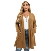 LARACE Knit Cardigan for Women Long Sleeve Open Front Cardigan Sweaters for Fall Office Wear Apricot 2X