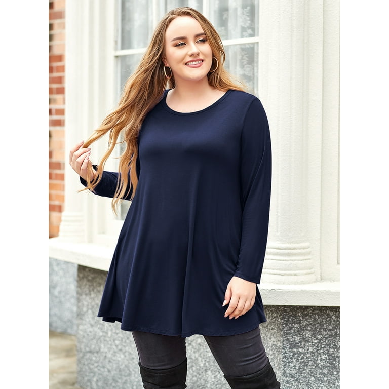LARACE Women's Plus Size Tee Shirt Stripe Boho Long Sleeve Tunic Top Round  Neck Knit Blouse NavyBlue 4X