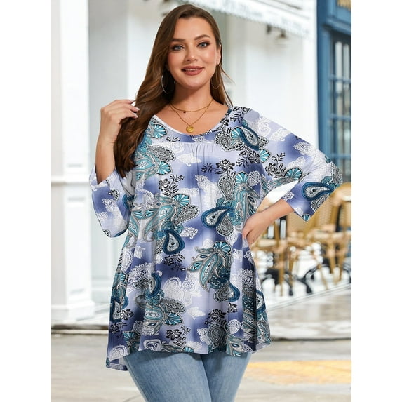 LARACE Women's Plus Size Tops 3/4 Length Sleeve Shirts Dressy Casual V Neck Tunic Blouse A-Green03_1X