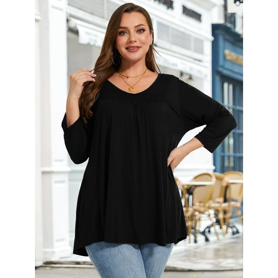 LARACE Women's Plus Size Tops 3/4 Length Sleeve Shirts Dressy Casual V Neck Tunic Blouse Black_1X