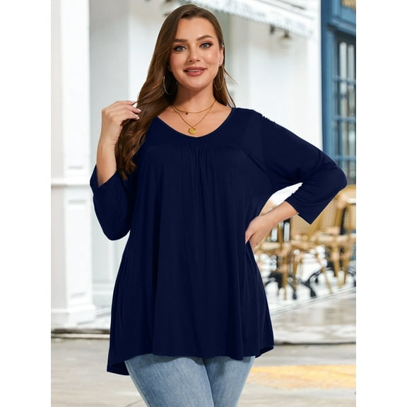 LARACE Women's Plus Size Tops 3/4 Length Sleeve Shirts Dressy Casual V Neck Tunic Blouse NavyBlue_3X