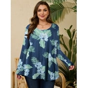 LARACE Womens Plus Size Long Sleeve Tops Tunic Tops Casual Floral Henley Shirts A-SteelBlue32 3X