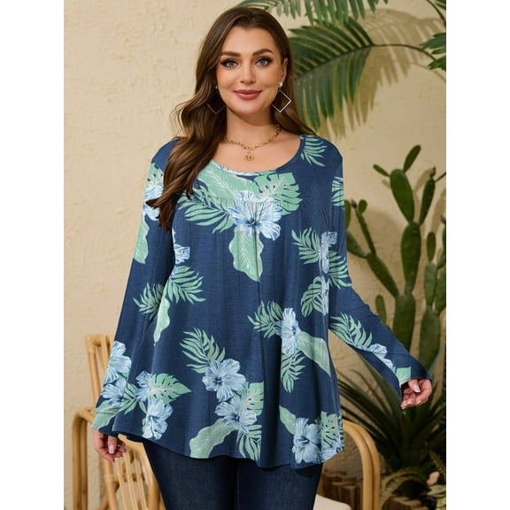 LARACE Womens Plus Size Long Sleeve Tops Tunic Tops Casual Floral Henley Shirts A-SteelBlue32 4X