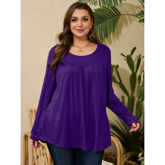 LARACE Womens Plus Size Long Sleeve Tops Tunic Tops Casual Floral Henley Shirts DarkPurple 2X
