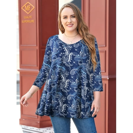 LARACE Womens Plus Size Shirts V Neck 3/4 Sleeve Shirts Business Casual Tops Loose Work Blouses Navy12 4X