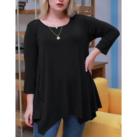 LARACE Womens Tunic Tops 3/4 Roll Sleeve Floral Printed Round Neck Blouses Long Sleeve Shirts for Women Black 1X