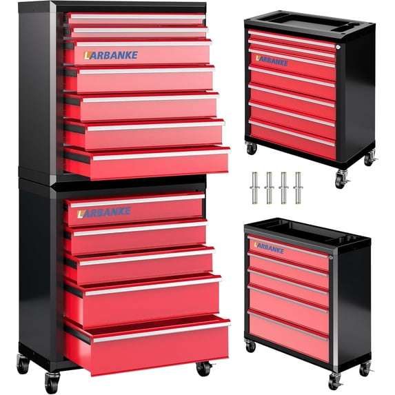 LARBANKE 12-Drawer Rolling Tool Chest with Multifunctional Tabletop, Heavy Duty Metal Tool Cabinet with Locking System & Non-Slip Mats for Garage & Workshop, Red