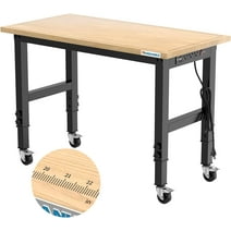 LARBANKE 48" Heavy-Duty Garage Workbench,Rubber Wood Workbench has Adjustable 5 Different Heights,Hardwood Worktable Weight Capacity Over 2000 Lbs,with Brake Wheels,for Workshop,Garage,Office,Home