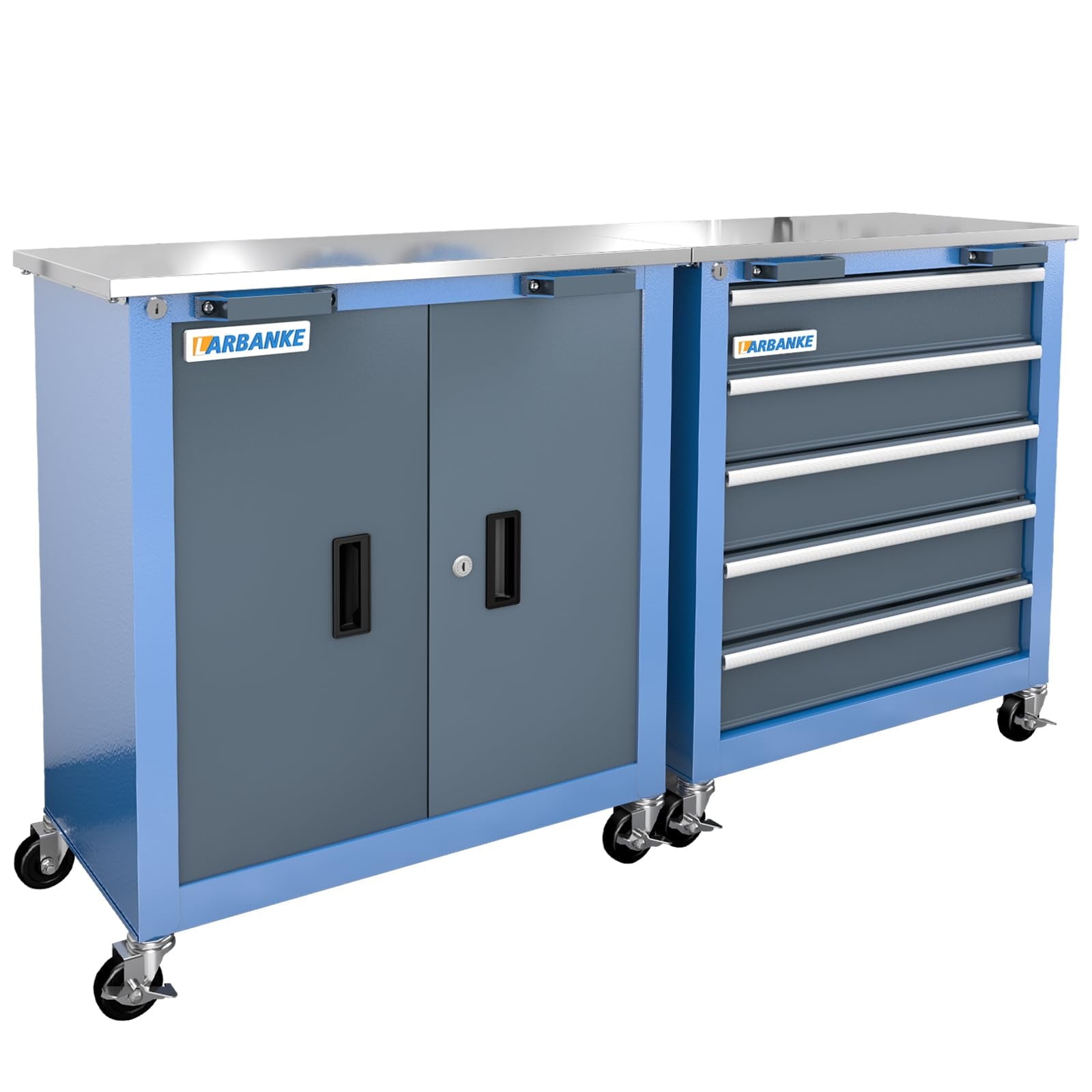 LARBANKE 5+2 Combo Tool Chest Set with Lock, Interconnected Rolling Cabinet & Stainless Steel Countertop