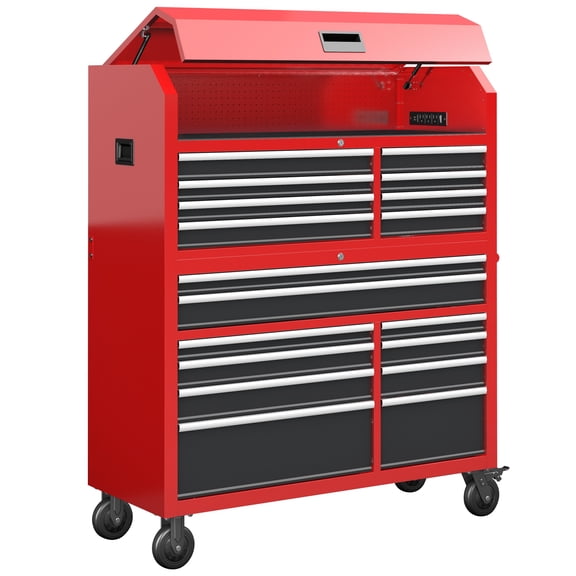 LARBANKE 56" Rolling Tool Chest Combo, 18-Drawer Heavy Duty Steel Tool Cabinet with Power Outlet, Mobile Tool Box Organizer with Locking System and Ball Bearing Slides for Garage Workshop, Red