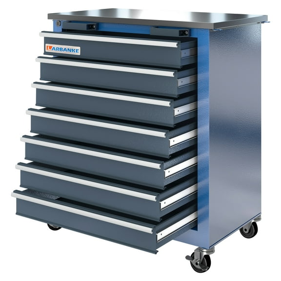 LARBANKE 7-Drawer Rolling Toolbox Chest with Keyed Locking System and Foot Pad, 25.9"D x 13.6"W x 29"H