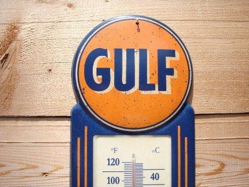 GULF MOTOR OIL & GASOLINE METAL THERMOMETER NIP 5.5”W X15.5” TALL FOR  MANCAVE