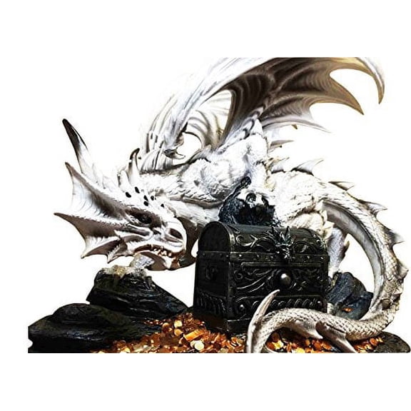LARGE 20"LONG WHITE DRAGON CONQUEROR OF DRUID TREASURE STATUE WITH JEWELRY BOX