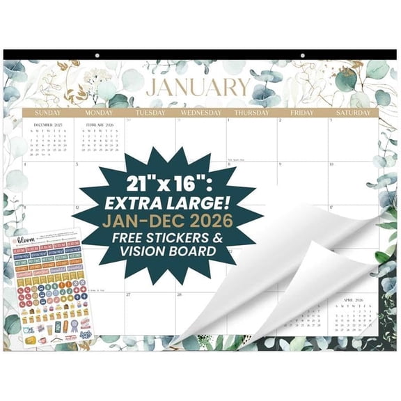 LARGE 2026 Desk Calendar - January to December XL Wall 21 x 17 Desktop & Hanging Monthly Planner with Stickers for Home or Office Greenery