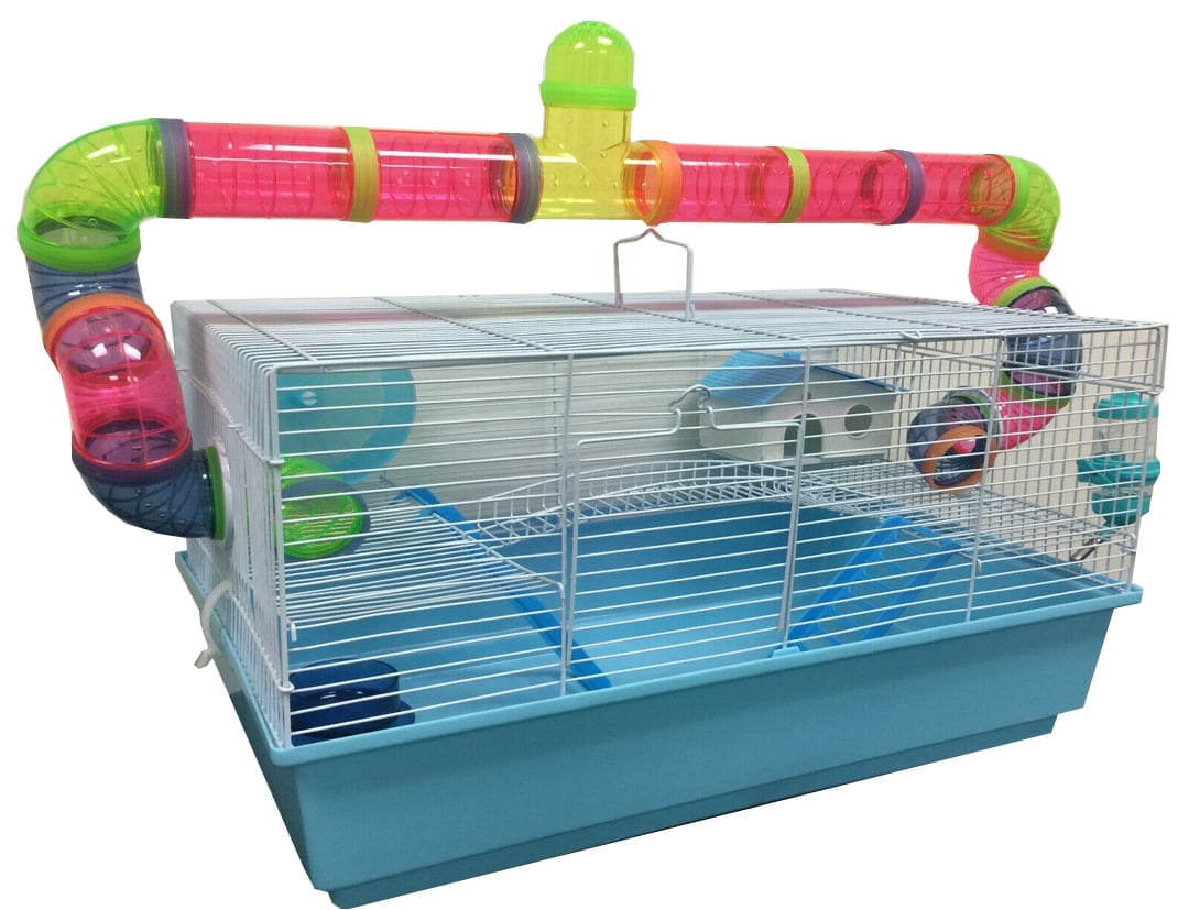 Mcage Large 3-Story Metal Plastic Hamster & Mouse & Gerbil Habitat with Crossover Bridge in Blue