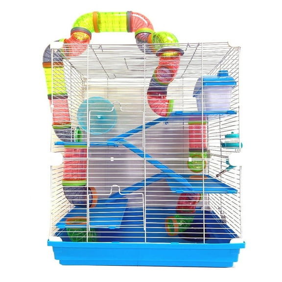 LARGE 5-Tiers Hamster Mansion Mouse Cage Gerbil Habitat Home with Water Bottle, Food Bowl, Running Wheel, Hide House and Crossing Level Play Tubes