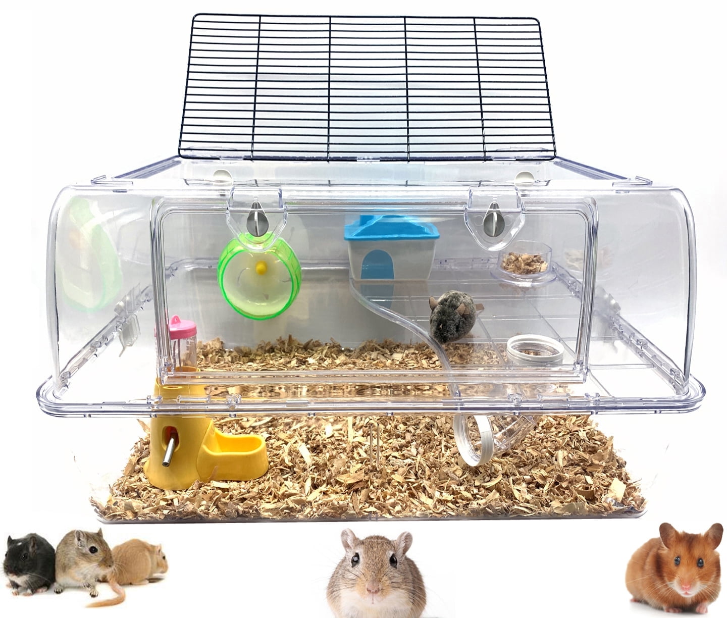 LARGE Acrylic Clear 2-Floors Hamster Mansion Mouse Habitat Hedgehog Home Guinea Pig Home with Solid Platform Running Wheel Water Bottle Tower Food Bowl Hide House Deep Base Ground
