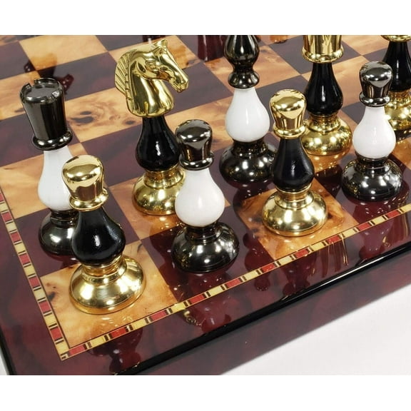 LARGE Brass Metal Gold Black Spike Staunton Chess Set 18" Cherry Color Board